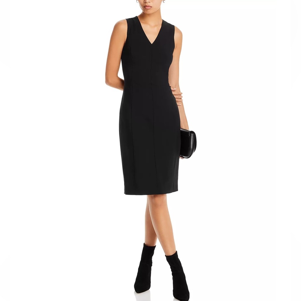 Theory black ponte knit v neck midi dress sleeveless stretch classic size 4